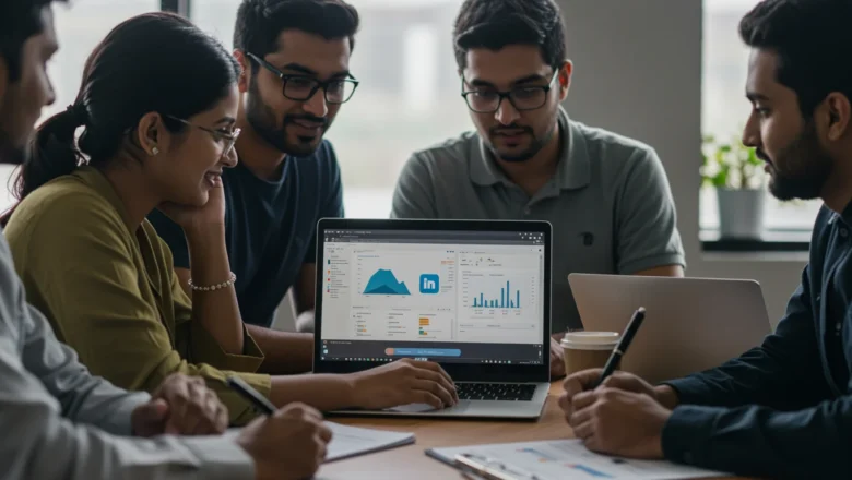 Indian marketing professionals reviewing LinkedIn profile analytics dashboard