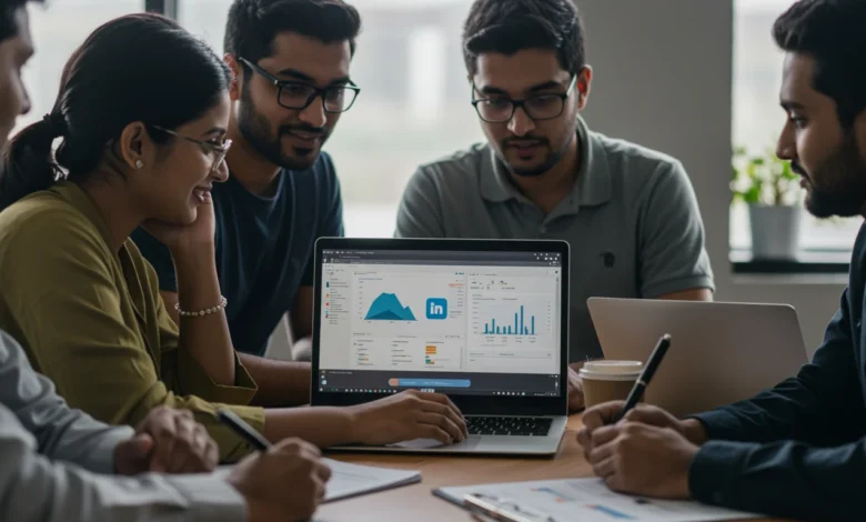 Indian marketing professionals reviewing LinkedIn profile analytics dashboard