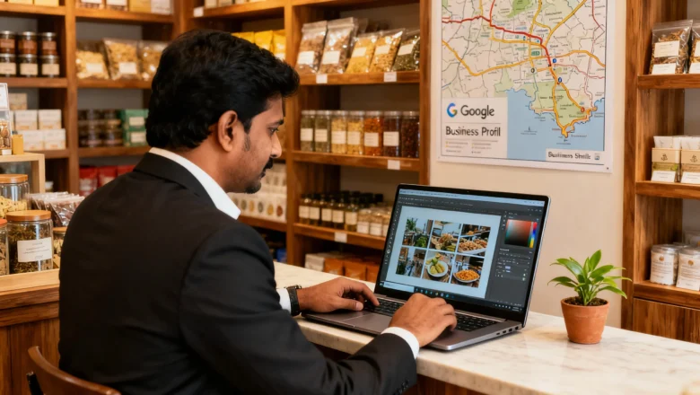 Indian small business owner uploading photos to Google Business Profile to improve local SEO rankings in Chennai