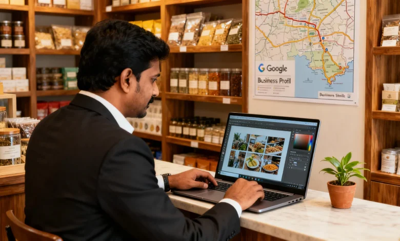 Indian small business owner uploading photos to Google Business Profile to improve local SEO rankings in Chennai
