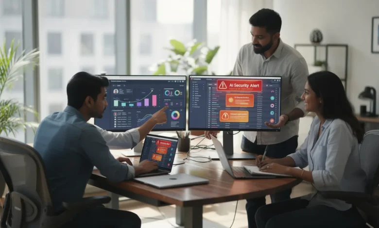 Indian digital marketing professionals reviewing AI security alerts for Instagram ad accounts
