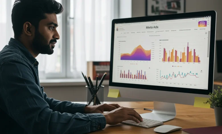 Indian digital marketer analyzing Meta Instagram profile visits campaign for DM lead generation