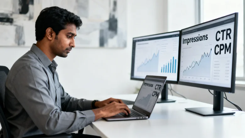 Indian digital marketing analyst reviewing programmatic advertising dashboards focused on privacy-first advertising technology