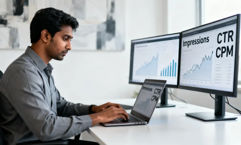 Indian digital marketing analyst reviewing programmatic advertising dashboards focused on privacy-first advertising technology