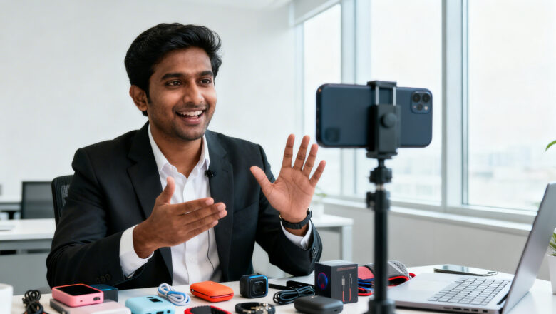 Indian content creator promoting products during social commerce livestream with shopping interface