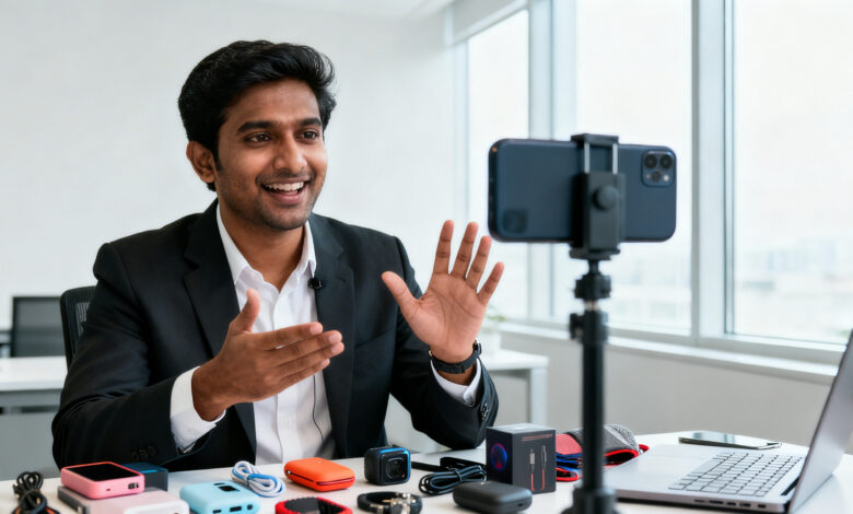 Indian content creator promoting products during social commerce livestream with shopping interface