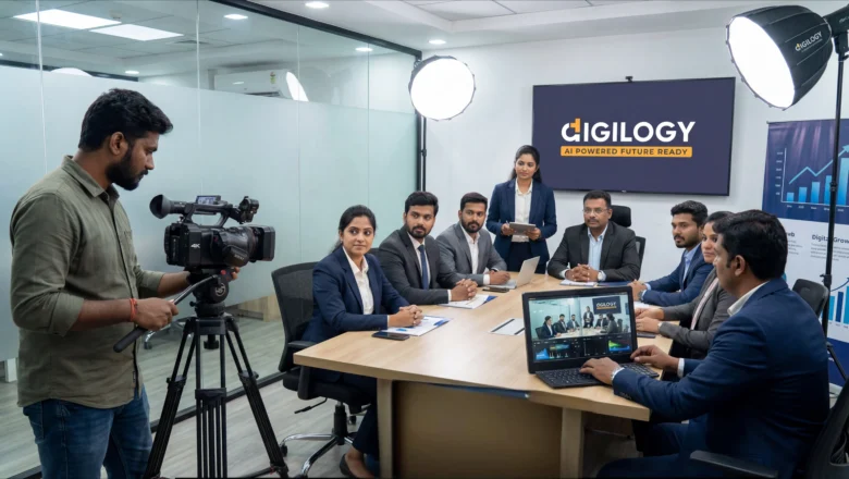 Professional corporate video production setup in Chennai showing an Indian business team filming branded video content for marketing and business communication