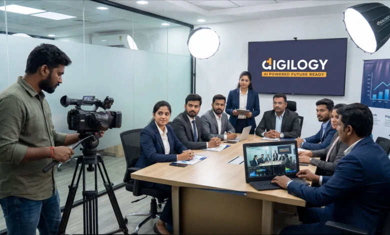 Professional corporate video production setup in Chennai showing an Indian business team filming branded video content for marketing and business communication