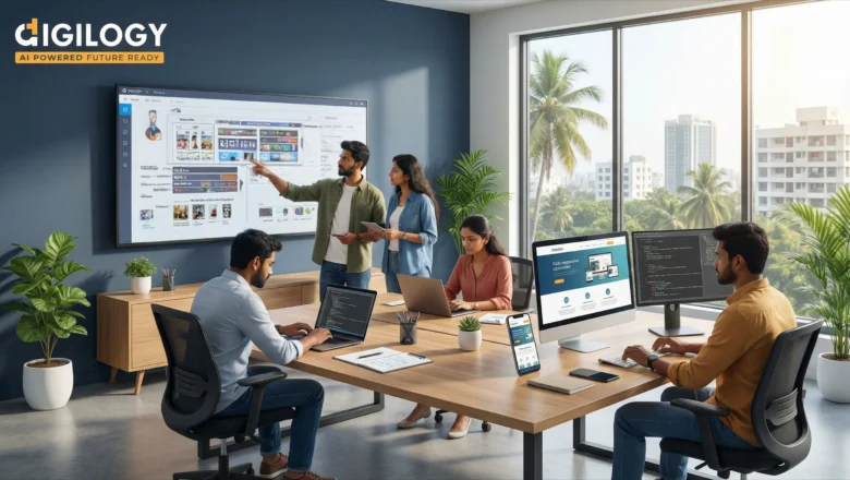 Indian web design and development professionals collaborating on responsive website UI UX and coding in a modern office environment.