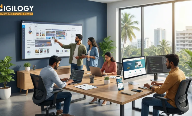 Indian web design and development professionals collaborating on responsive website UI UX and coding in a modern office environment.