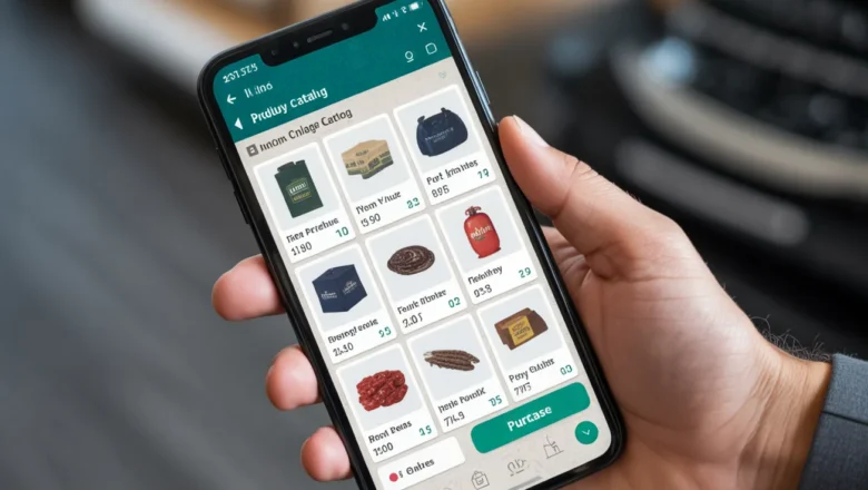 "WhatsApp product catalog displaying items for sale with prices and images, showcasing an easy in-chat shopping experience."