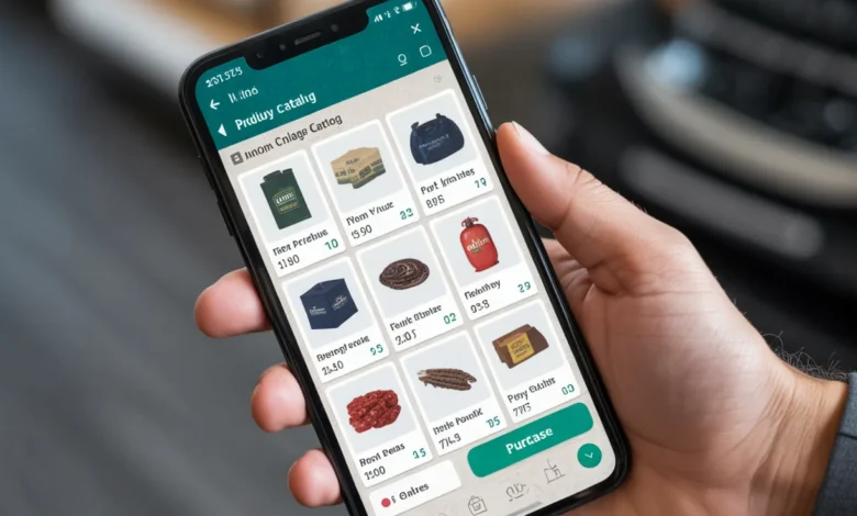 "WhatsApp product catalog displaying items for sale with prices and images, showcasing an easy in-chat shopping experience."