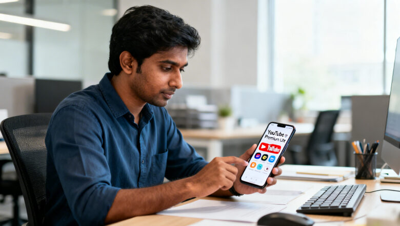 Indian professional using YouTube Premium Lite with background play feature.