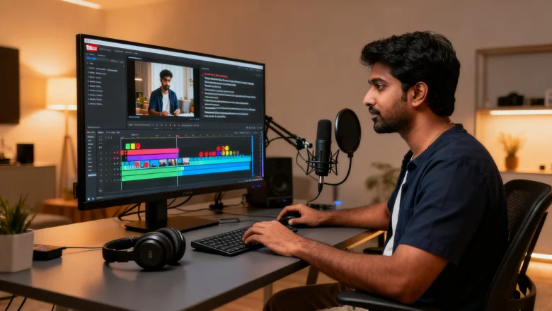 YouTube creator editing AI captions and transcripts for video SEO