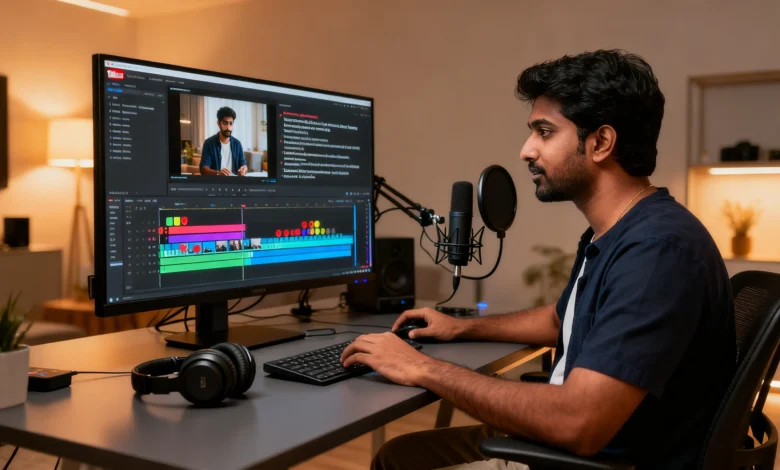YouTube creator editing AI captions and transcripts for video SEO