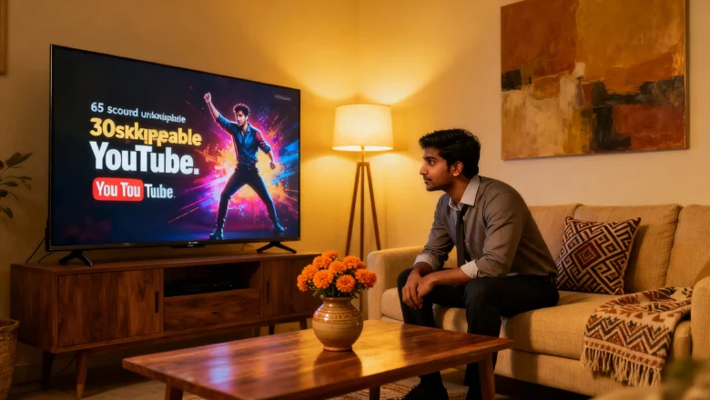Indian professional watching YouTube on smart TV with 30-second unskippable ad playing