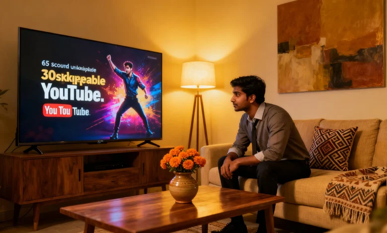 Indian professional watching YouTube on smart TV with 30-second unskippable ad playing