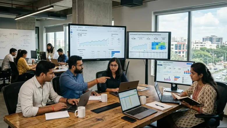Indian marketers analyzing AI advertising campaign dashboards