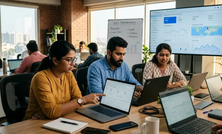 Indian digital marketing team analyzing Google Business Profile insights