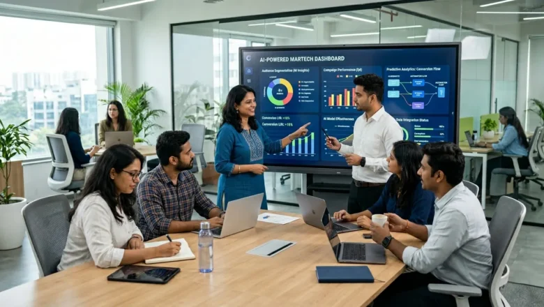 Indian marketing professionals optimizing their MarTech stack with AI-driven solutions in a modern office setting.