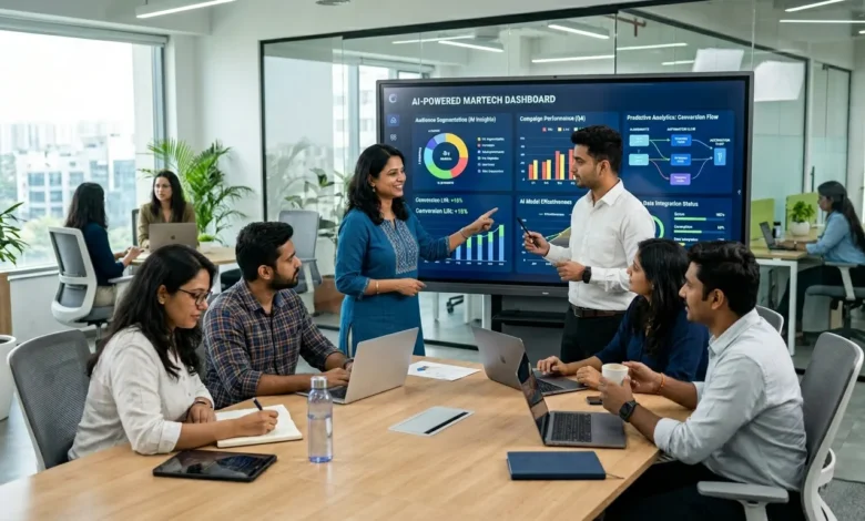 Indian marketing professionals optimizing their MarTech stack with AI-driven solutions in a modern office setting.