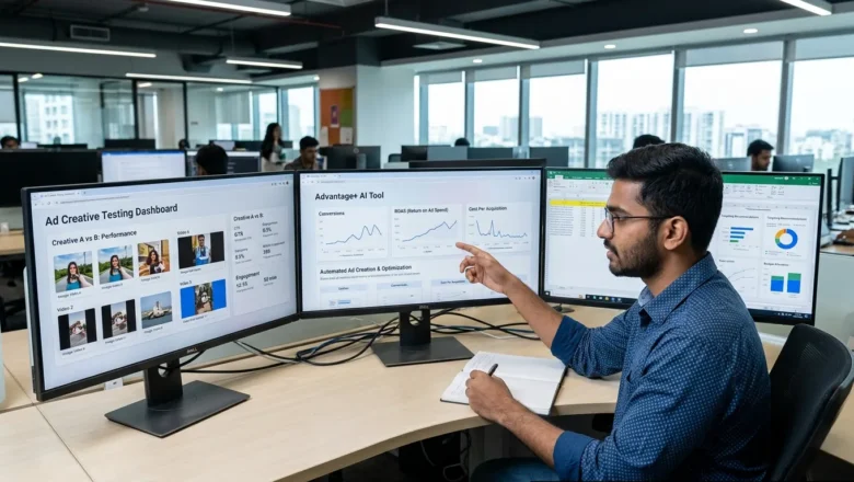 Indian professional analyzing AI-generated ad performance predictions and creative variations on multiple screens.