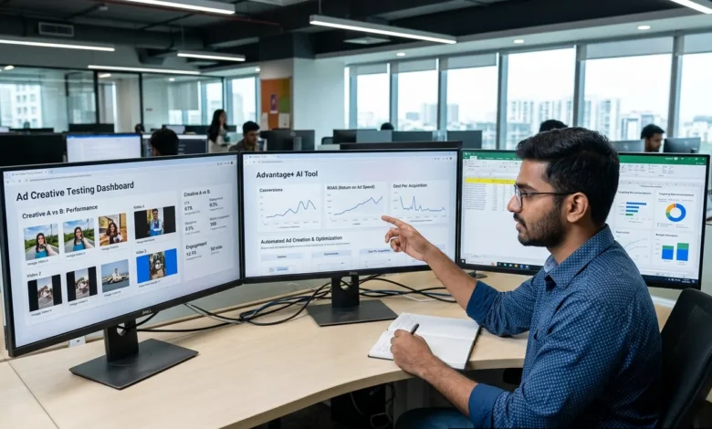 Indian professional analyzing AI-generated ad performance predictions and creative variations on multiple screens.
