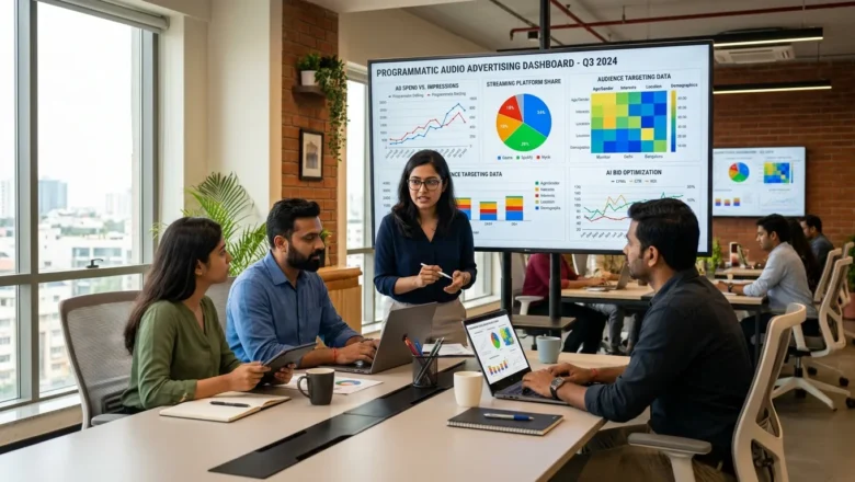 Indian digital marketing professionals analyzing programmatic audio advertising data