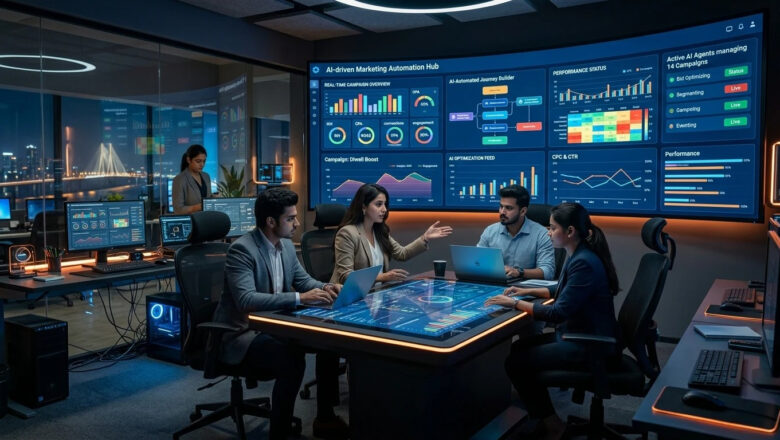 Indian marketing professionals monitoring AI-powered marketing automation dashboards