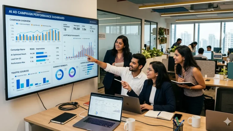 AI advertising campaign dashboard with marketing team