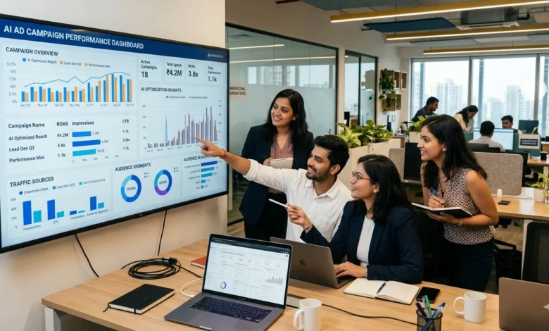 AI advertising campaign dashboard with marketing team