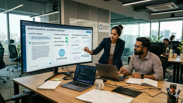 Indian marketing professionals analyzing AI digital marketing dashboards in a Chennai office