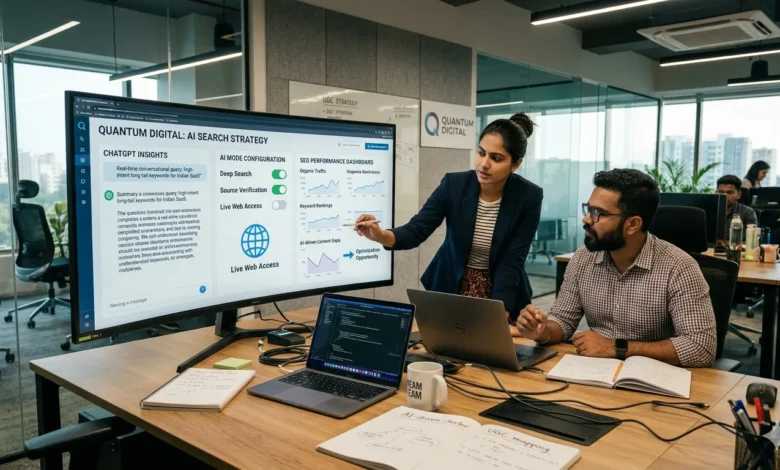 Indian marketing professionals analyzing AI digital marketing dashboards in a Chennai office