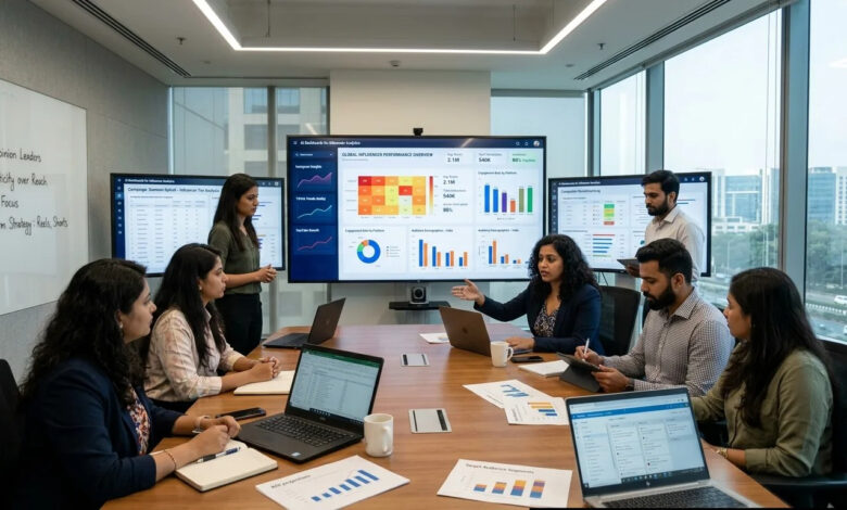 AI influencer marketing team analyzing creator engagement data