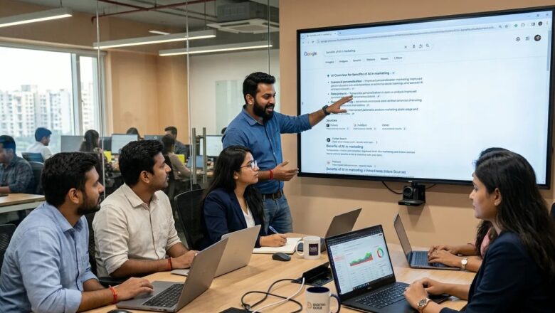 Indian digital marketers analyzing AI Mode and ChatGPT search trends in a modern office