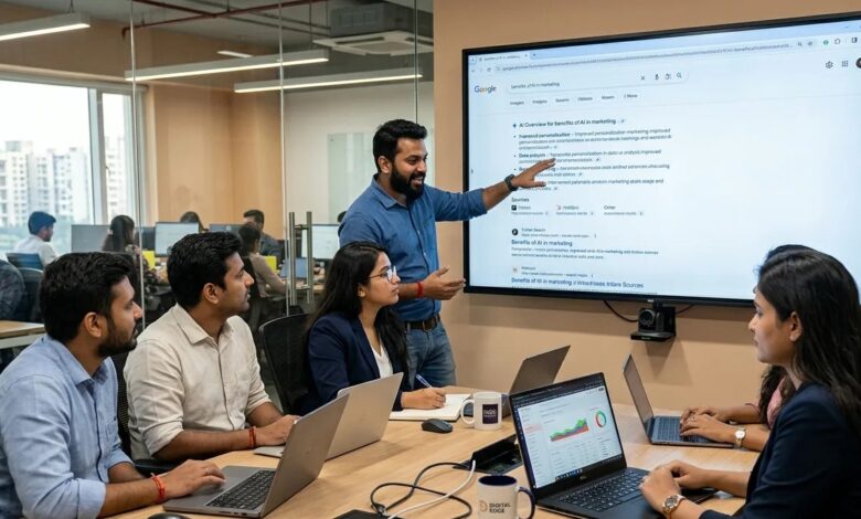 Indian digital marketers analyzing AI Mode and ChatGPT search trends in a modern office