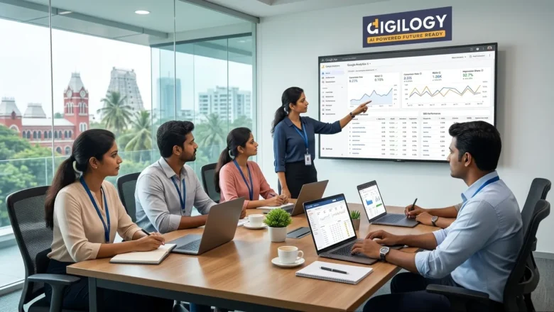 Indian marketing professionals analysing campaign analytics in a Chennai office with Digilogy branding