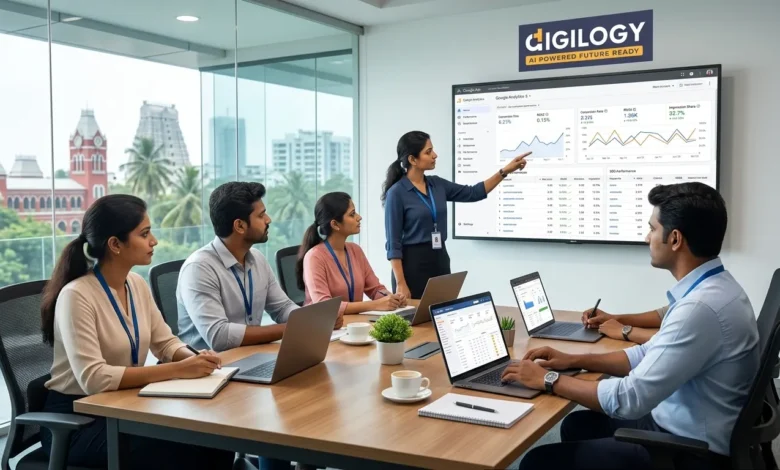 Indian marketing professionals analysing campaign analytics in a Chennai office with Digilogy branding