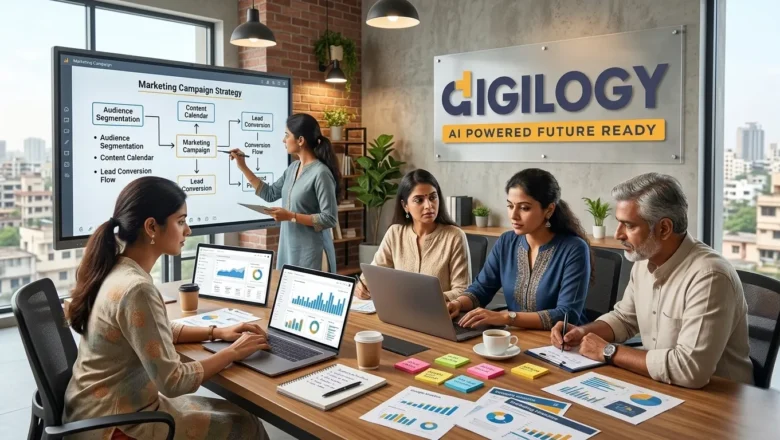 Chennai digital marketing professionals working on business growth strategies with Digilogy's logo on the wall