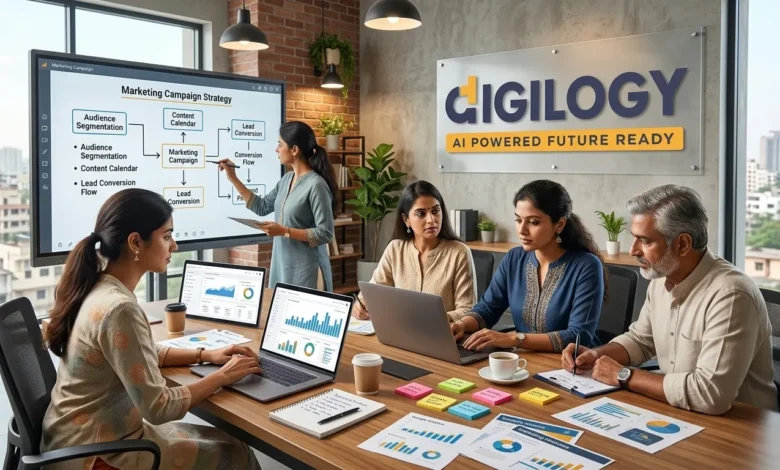 Chennai digital marketing professionals working on business growth strategies with Digilogy's logo on the wall