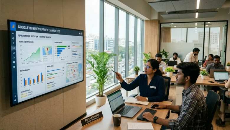 Indian digital marketing professionals analyzing Google Business Profile data and local SEO rankings in Chennai.