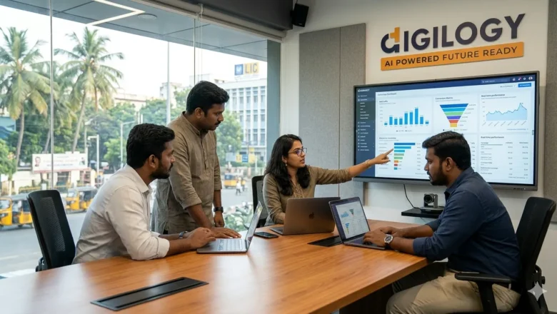 Indian marketing professionals reviewing campaign analytics in a Chennai office with Digilogy logo on the wall