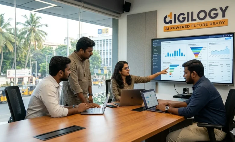 Indian marketing professionals reviewing campaign analytics in a Chennai office with Digilogy logo on the wall