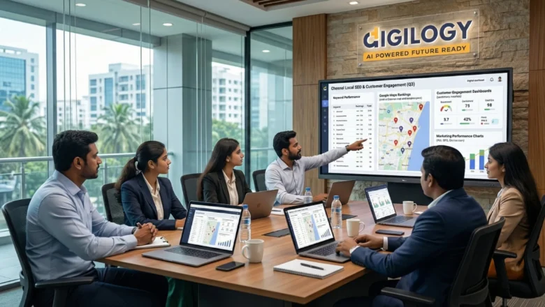 Indian business professionals discussing digital marketing services in Chennai in a modern office