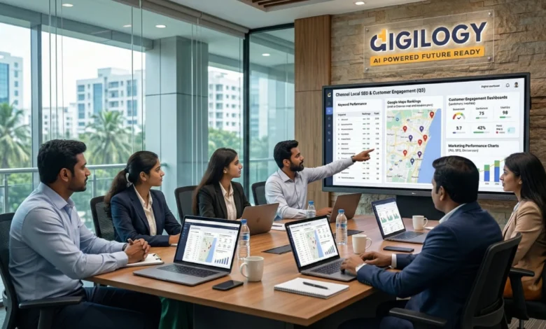 Indian business professionals discussing digital marketing services in Chennai in a modern office