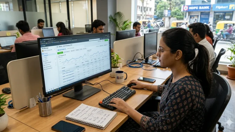 Indian digital marketer analyzing video ad performance metrics.