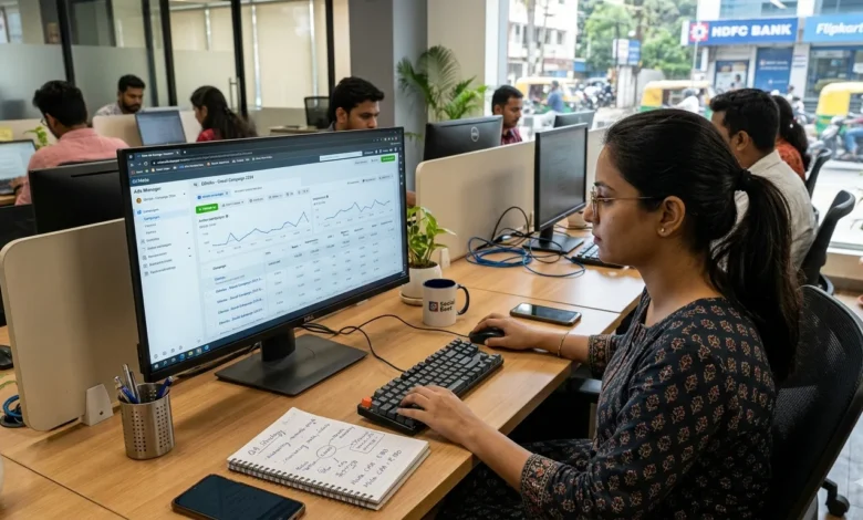 Indian digital marketer analyzing video ad performance metrics.