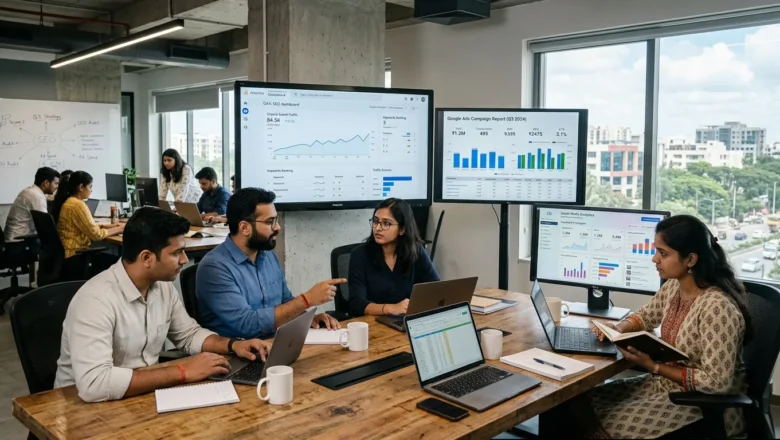 Indian digital marketing professionals analyzing online campaign data