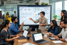 Digital marketing team analyzing ad spend trends.