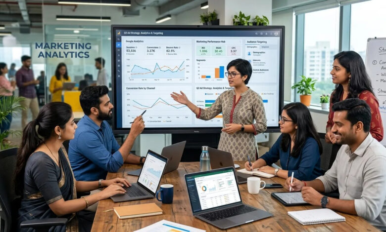 Digital marketing team analyzing ad spend trends.